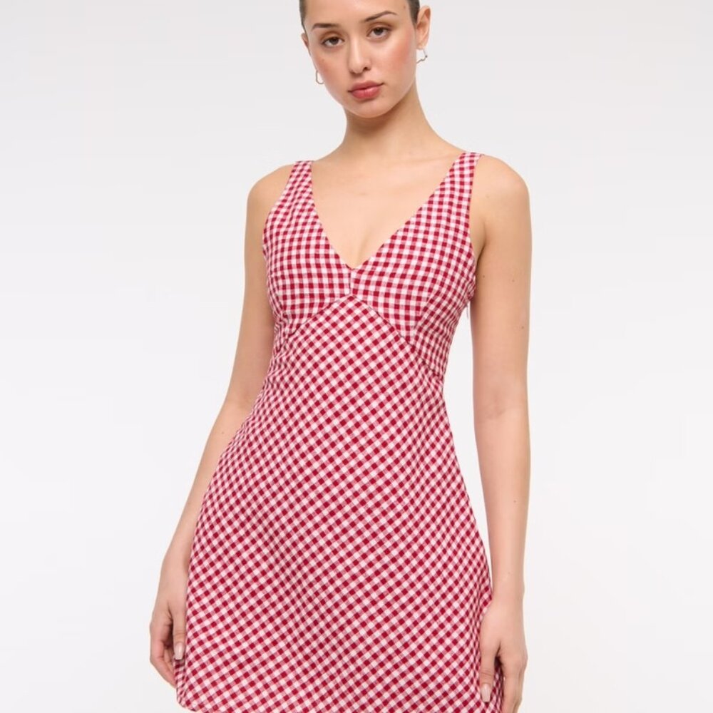 Abercrombie & Fitch Red Gingham V-Neck Linen-Blend Mini Dress (Size XS)